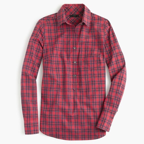 J Crew Women Sz 0 Christmas Plaid Tartan Print Oversize Popover Shirt Top Red xs - Picture 3 of 12